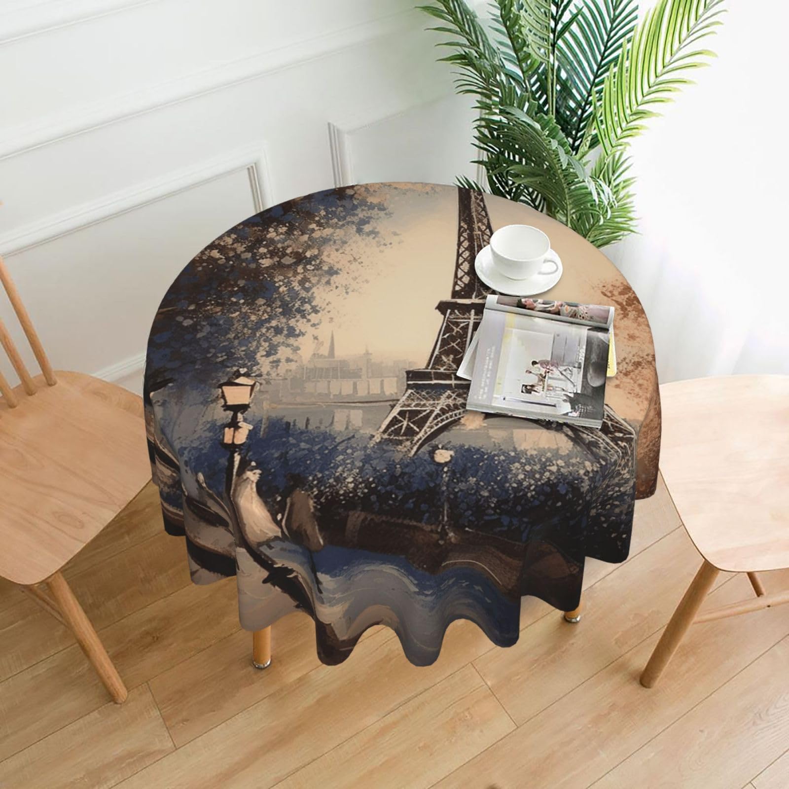 FodPand Romantic Paris Eiffel Tower Tablecloths for Round Tables 60 Inch - Reusable Washable Dining Table Clothes - Stain and Wrinkle Resistant Decorative Fabric Table Cover for Wedding Party
