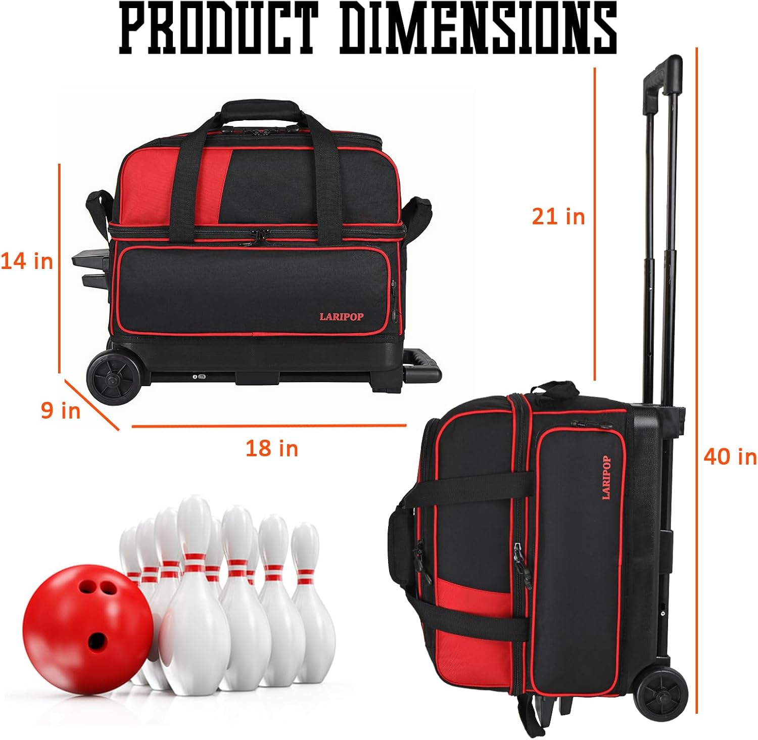 LARIPOP 2 Ball Bowling Roller Bag, Wheeled Bag with Shoe Compartment, Telescopic Handle & Padded Protection for Men Women