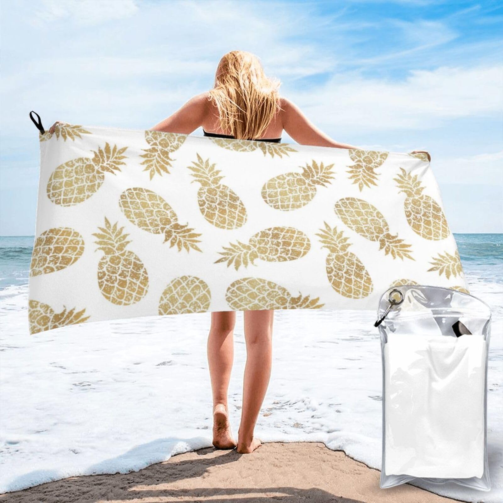 HAHAFU Golden Pineapple Background Quick Dry Personalised Bath Towel,Print Soft Microfibre Absorbent Beach Towel Hand Towel