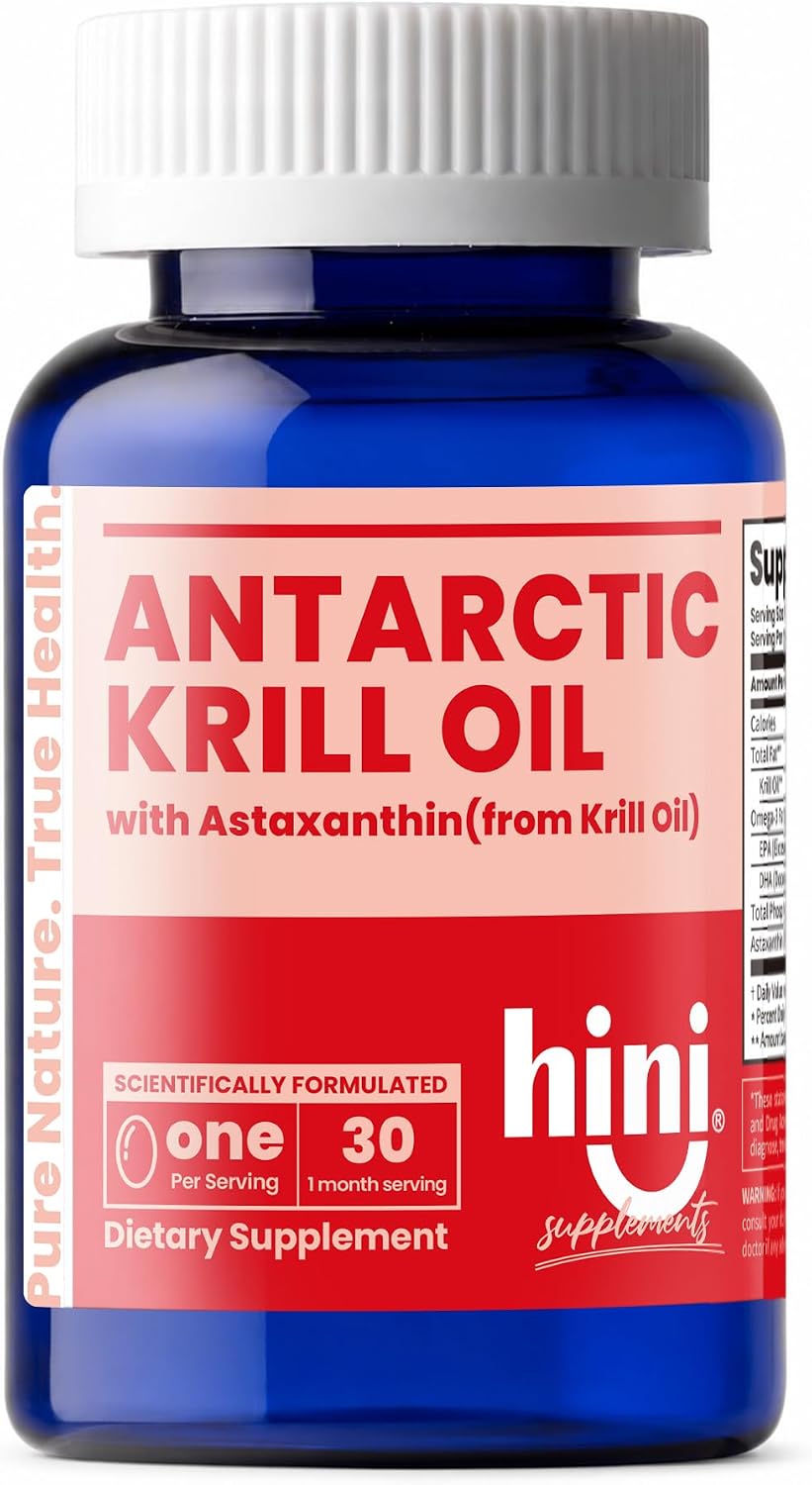HINI Antarctic Krill Oil 500 mg, Omega-3 Phospholipids with 80 mg EPA & DHA and 50 mg Astaxanthin, High Absorption Omega-3 Fish Oil Alternative, 30 Softgels, Once-Daily Softgel