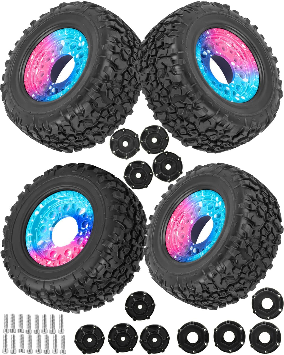 RC Wheels and Truck Tires for 1/10 Slash 4×4 2WD,Arrm a Senton,Axia1 Redcat Rc4wd,Off-Road Tire w/RC Wheels Hex,12mm/14mm/17mm Hex RC Tires 4PCS Black