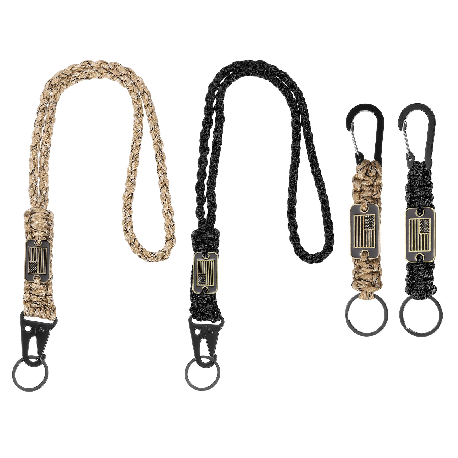 YELARXI Paracord Keychain Carabiners Clip, Heavy Duty Lanyard 4Pcs & 21.7/6" & Black/Desert Camouflage - Fitting for (Outdoor Activity Survival/Keys Whistle/Key, Backpacks/Water Bottle)