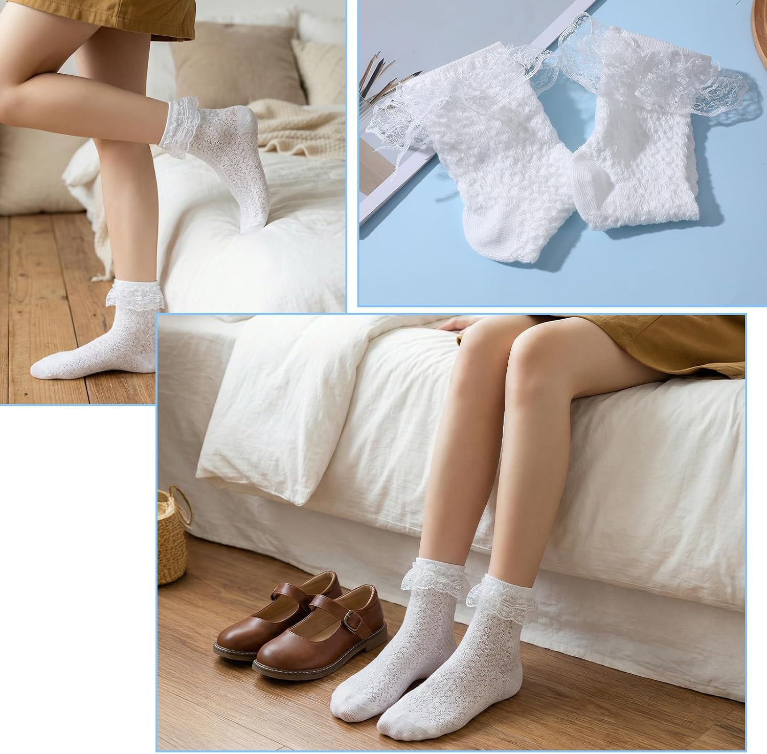 Nogeqi 2 Pairs White Ruffle Socks for Women, Breathable Cute Frilly Socks Women, Comfortable Cotton Lace Ankle Sock for Ladies Girl Princess Lolita