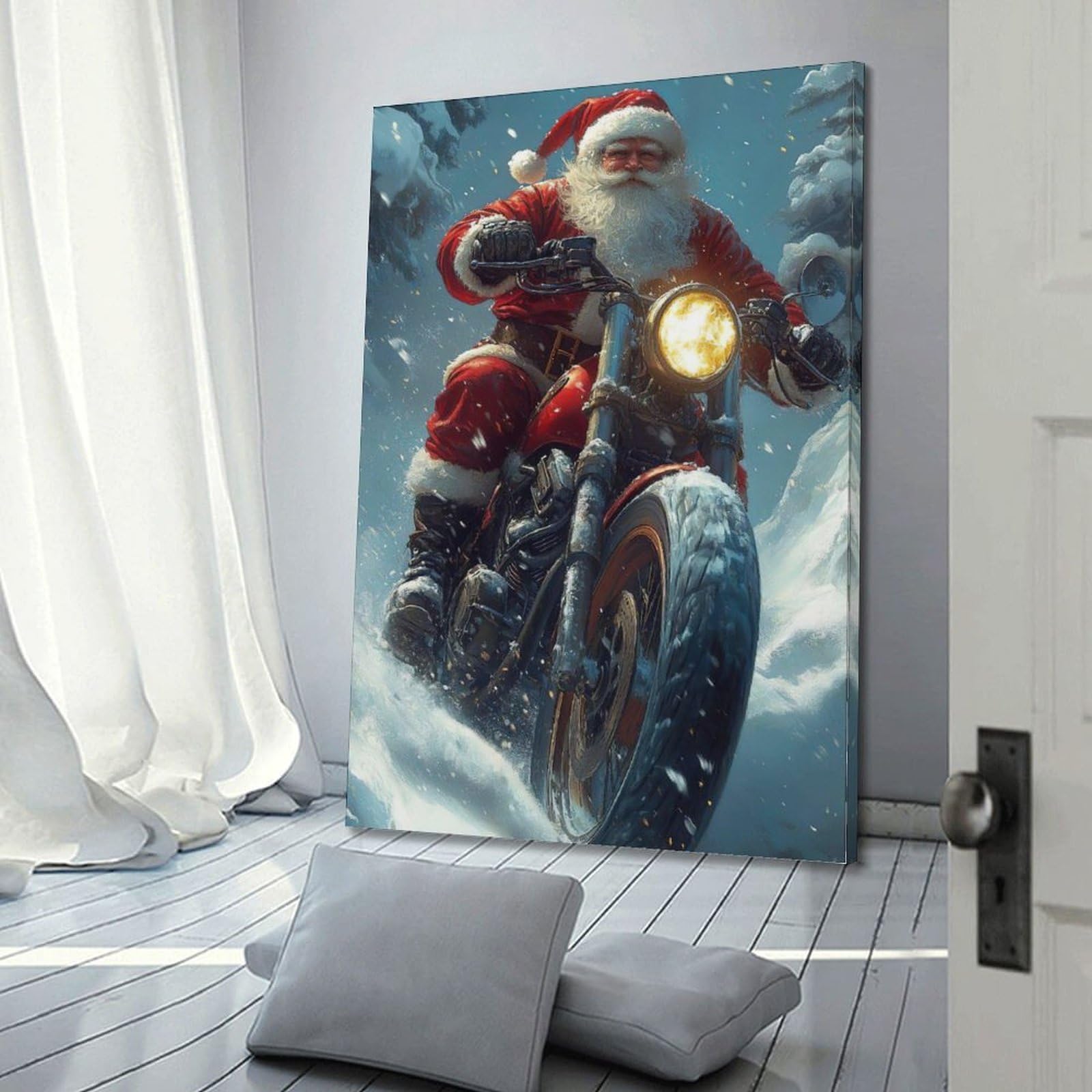CWLLOG Stampe artistiche da parete su tela, poster natalizio per motociclisti e Babbo Natale, evidenziando un fantastico festival, decorazione moderna per soggiorno e camera da letto, 60 x 90 cm
