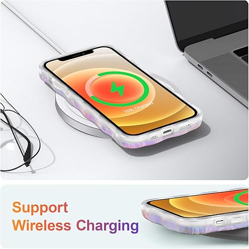 Miniatura 6 de EYZUTAK Funda para iPhone 12, colorida pintura al óleo retro impresa flor rayo láser patrón brillante lindo borde rizado ondas exquisita cubierta