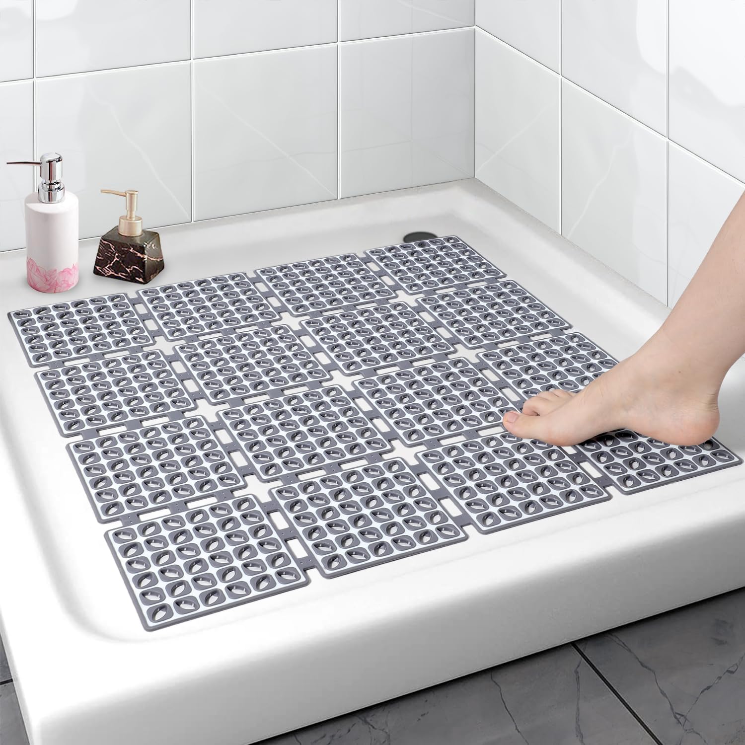 Homecloud Non-Slip Shower Mat for Bathroom & Bathtub – Anti-Skid Mat with Strong Suction Cups, Drainage Holes & Foot Massage Surface-Exfoliating Textured Bath Mat for Adults & Kids (Square_Grey)-image-45
