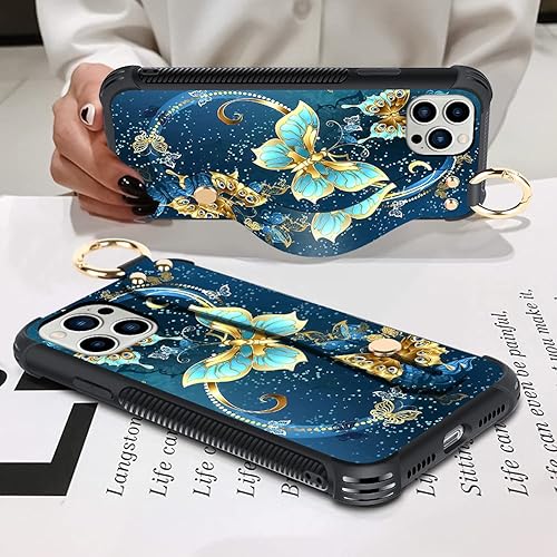 Miniatura 2 de KANGHAR Compatible with iPhone 13 PRO MAX Case Blue Butterfly Shell Wrist Strap Lanyard Cover for iPhone 13 PRO MAX 6.7 INCH 2021 5G Funda para