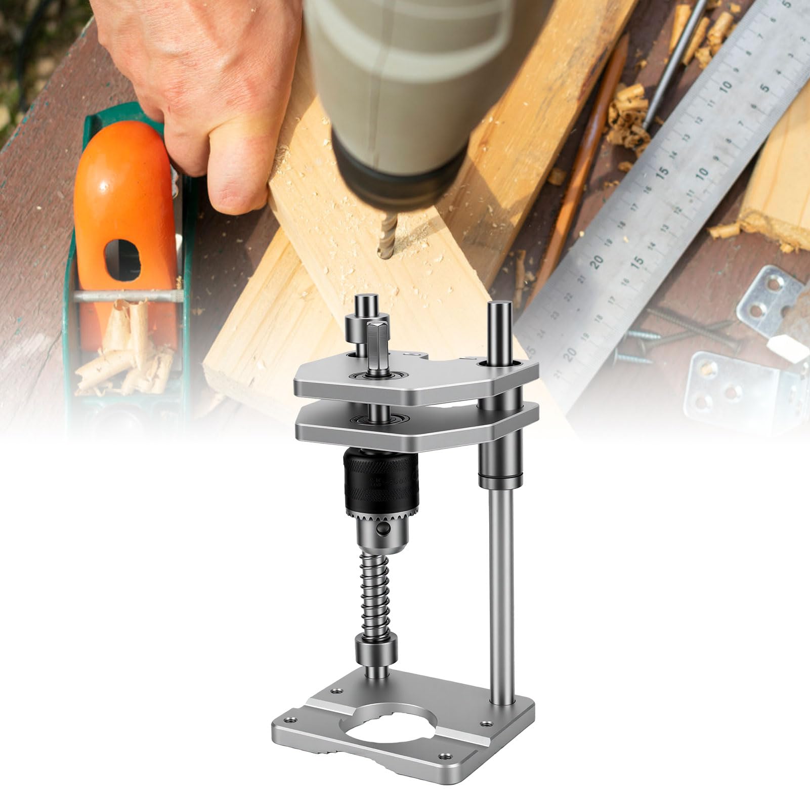 Eujgoov Guida per Trapano Portatile Supporto per Pressa con Corsa Regolabile da 3,8 Pollici Mini Supporto in Alluminio 6061 con di Foratura di Precisione con Mandrino da 3/8 24UNF