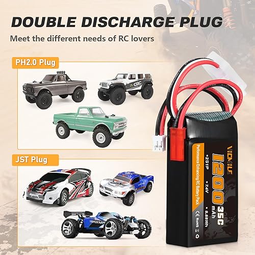 Miniatura 5 de Batería SCX24 7.4V 1200mAh Lipo Batería 2S 35C (Burst 70C) con PH2.0 JST Plug Fit para SCX24 RC Car WLtoys A949 A959 A969 A979 K929 y la mayoría 110
