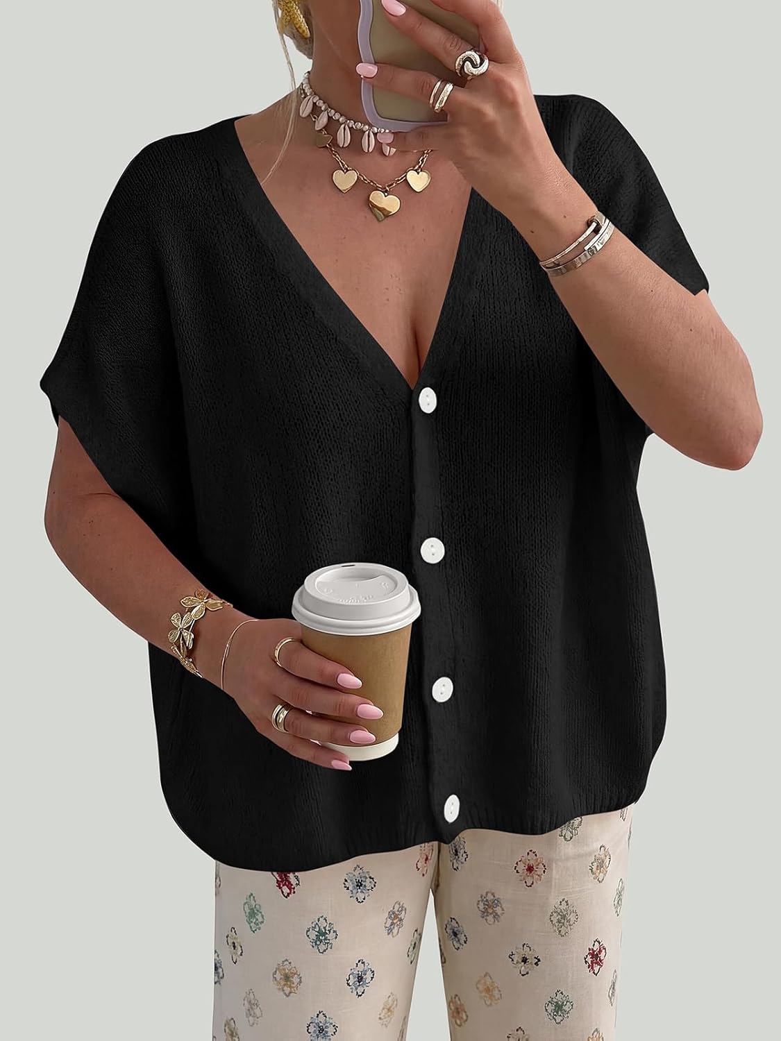 PRETTYGARDEN Womens 2026 Spring Oversized Cardigans Batwing Short Sleeve Lightweight Button V Neck Casual Knit Sweater Tops - Image 4