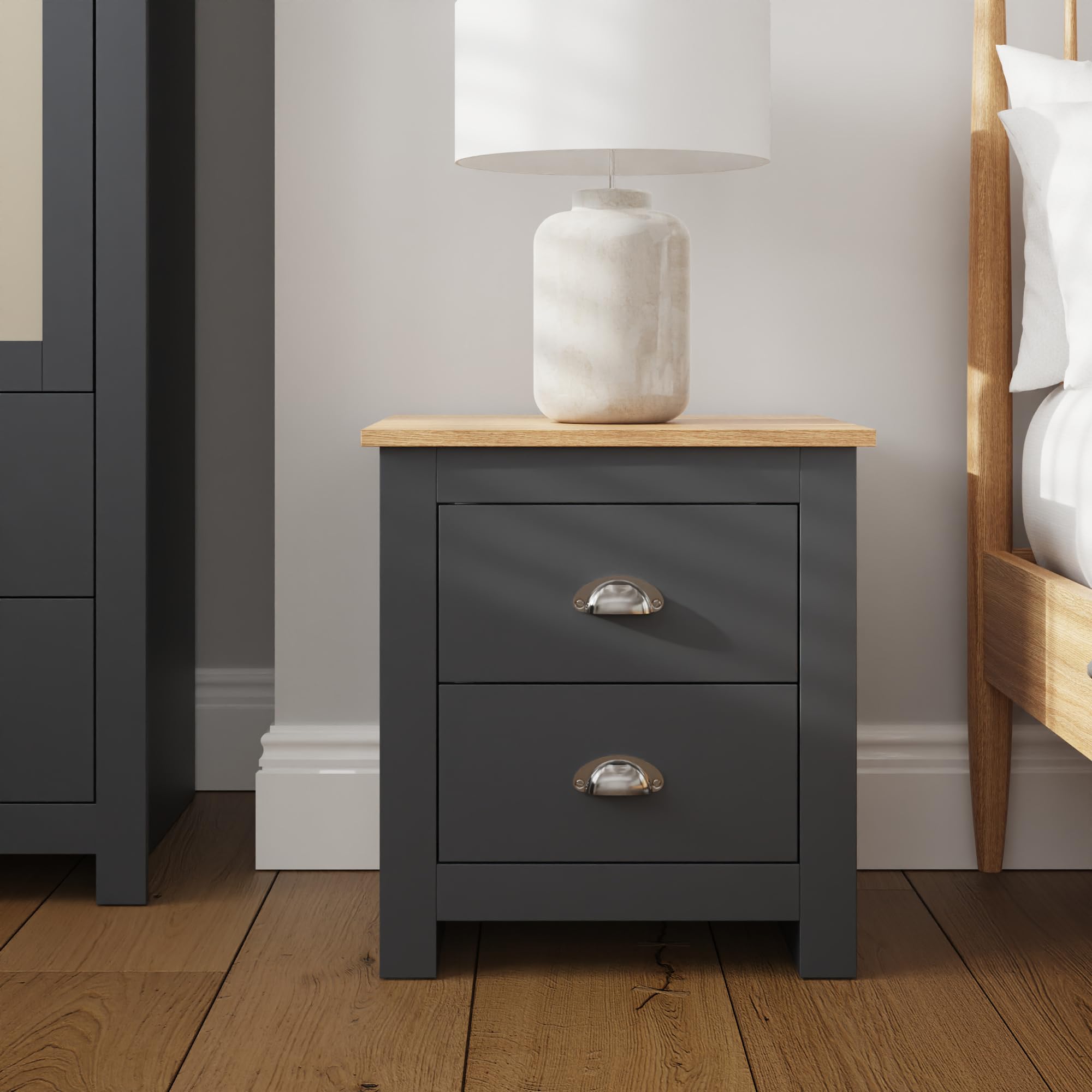 GFW - Bedside Table - Oak - Slate Blue - 2 Drawer