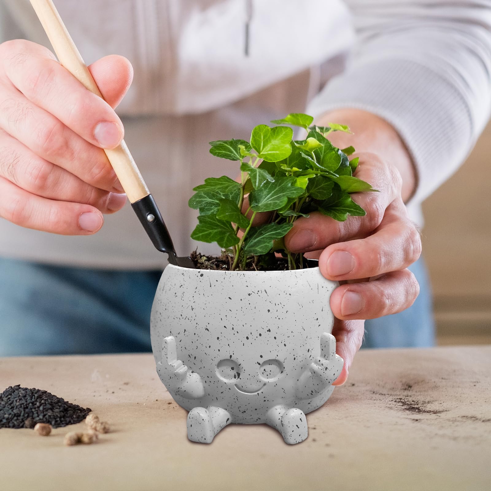 Smiling Plant Pot with Middle Fingers Up - Image 4