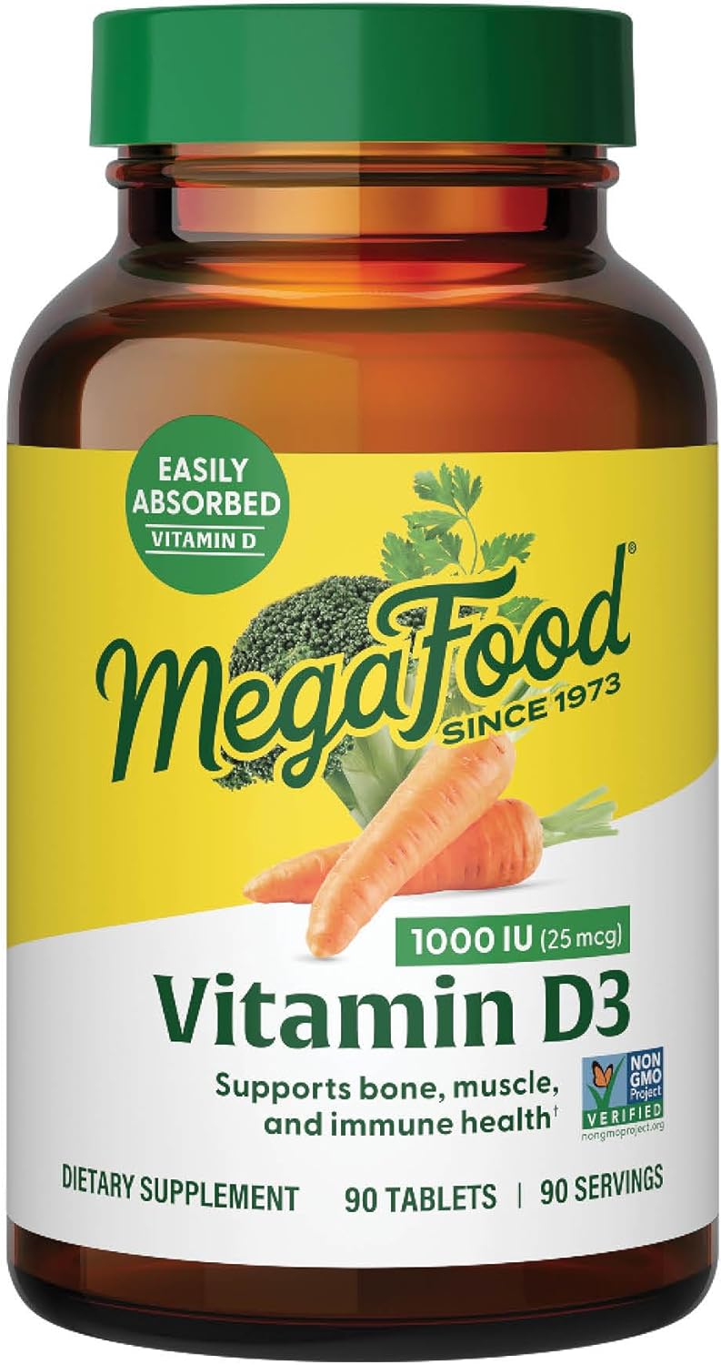 MegaFood Vitamin D3 1000 IU (25 mcg) – Vitamin D Supplements with Real Food, Immune Support, Supports Bones, Teeth & Muscles, Vegetarian, Gluten-Free, Non-GMO, Kosher – 90 Tablets, 90 Servings