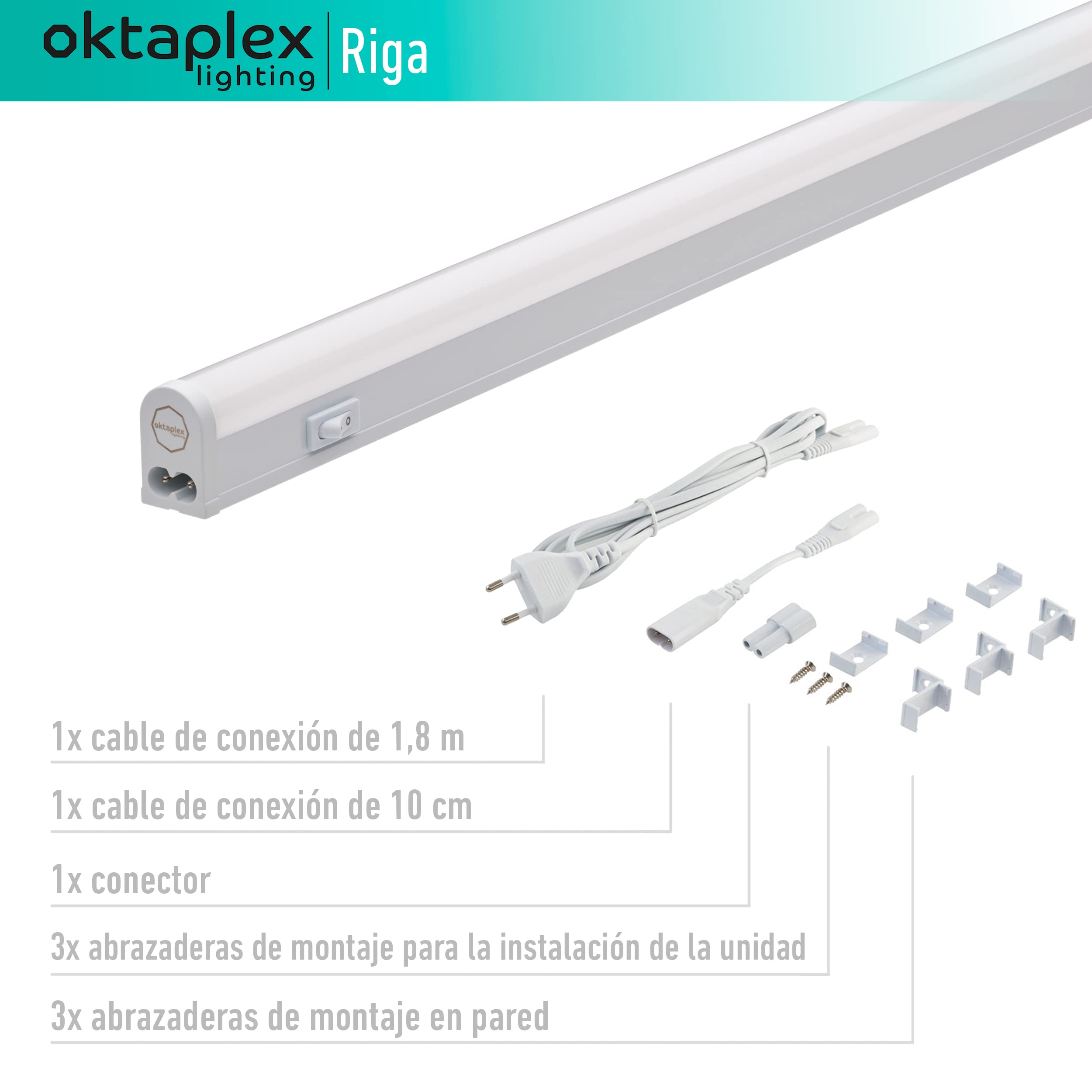 Oktaplex set de 2 Riga Luminaria LED bajo armario cocina 54 cm blanco neutro 4000K tira de luz extensible bajo armario 840 lumen 8,8 W 230 V con interruptor