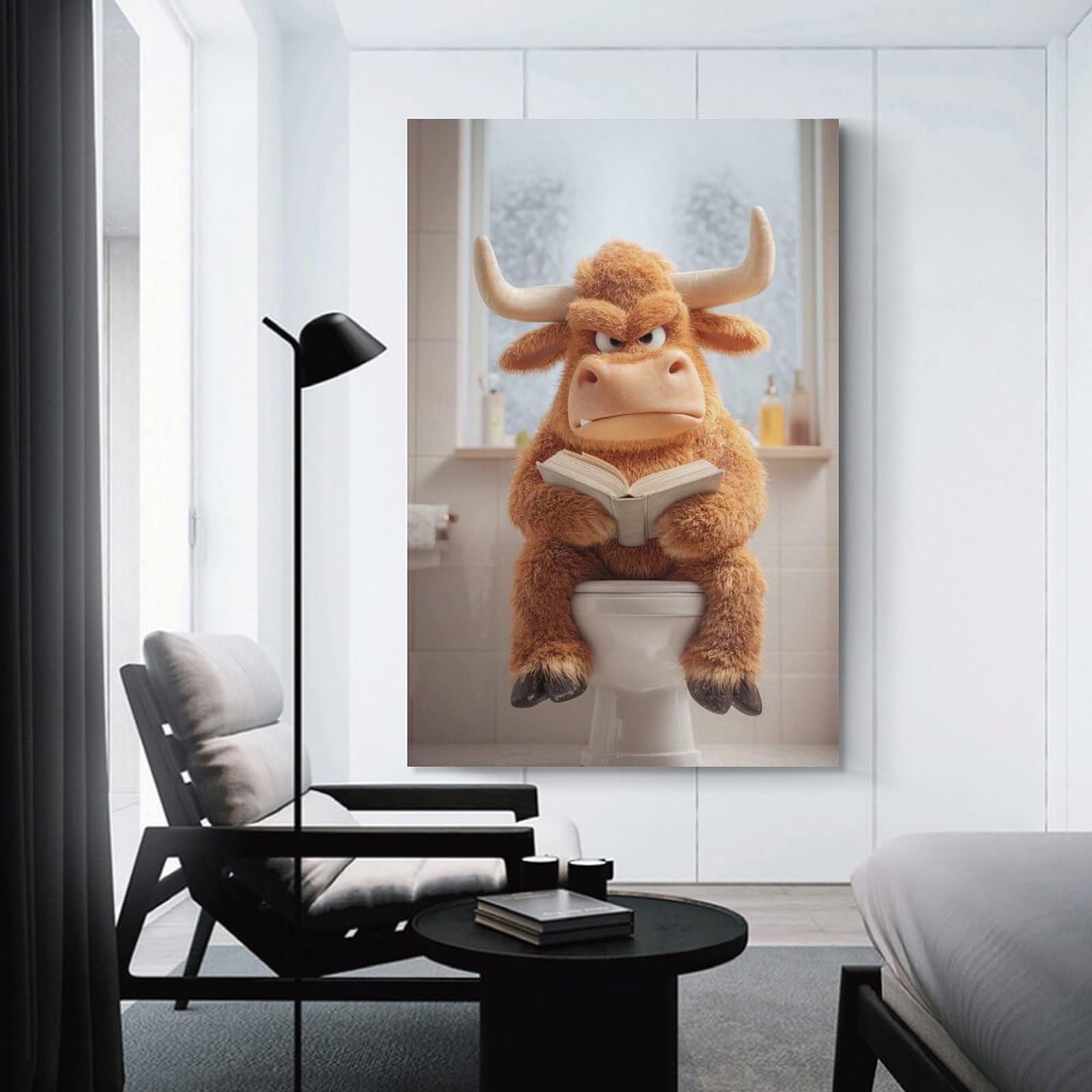 Junmoney Unframe-Style-8 Wall Picture Print Cartoon Bull Reading On Toilet, 20X30inch(50X75cm), For Wall Displays, Bedrooms Or Room Updates, Wall Decor Suited To Curated Displays