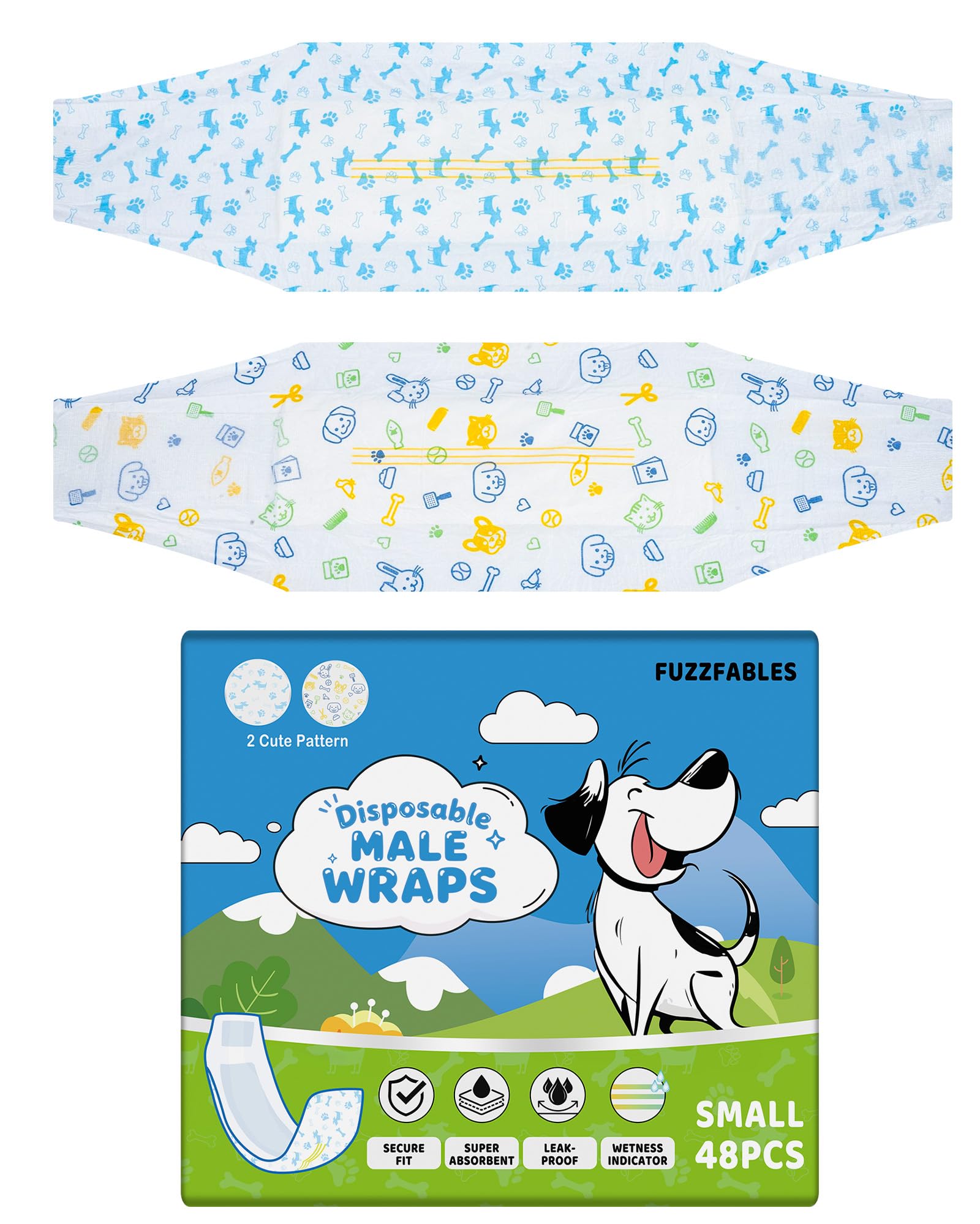 FuzzFables Disposable Male Dog Nappies, Belly Bands and Wraps, 48 Count, Super Absorbent, Leak-Proof and Adjustable Fit, Wetness Indicator, for Incontinence and Excitable Urination S