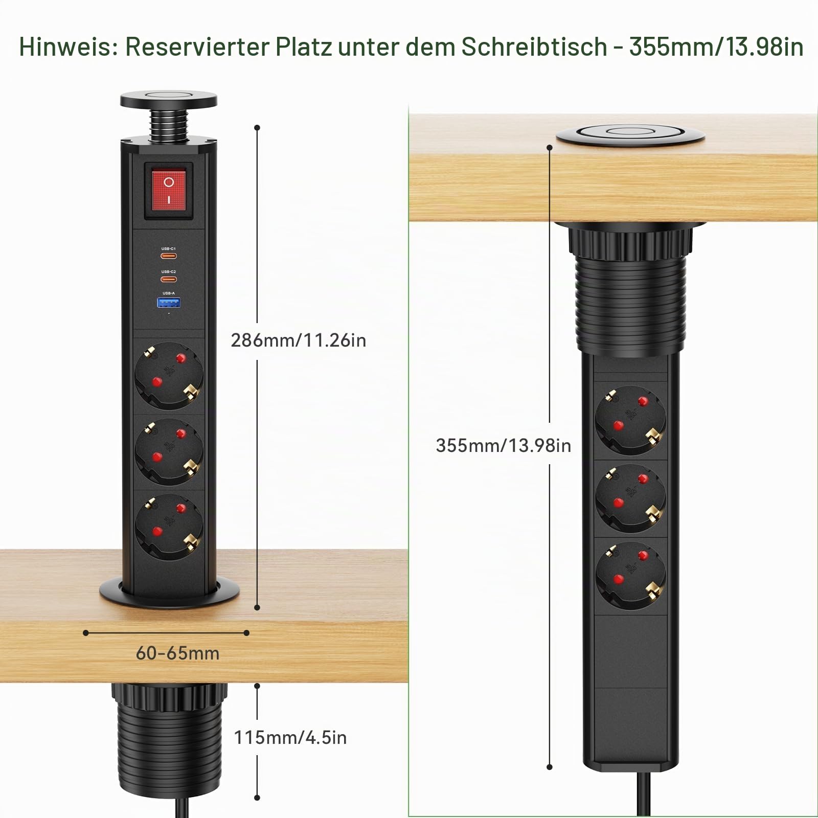 3 Fach Versenkbare Steckdose USB C PD20W mit Schalter, Einbausteckdose Versenkbar mit Schalter, Tischsteckdose Versenkbar für Arbeitsplatte Büro Küche Werkstatt, 1.8M Kabel, Schwarz