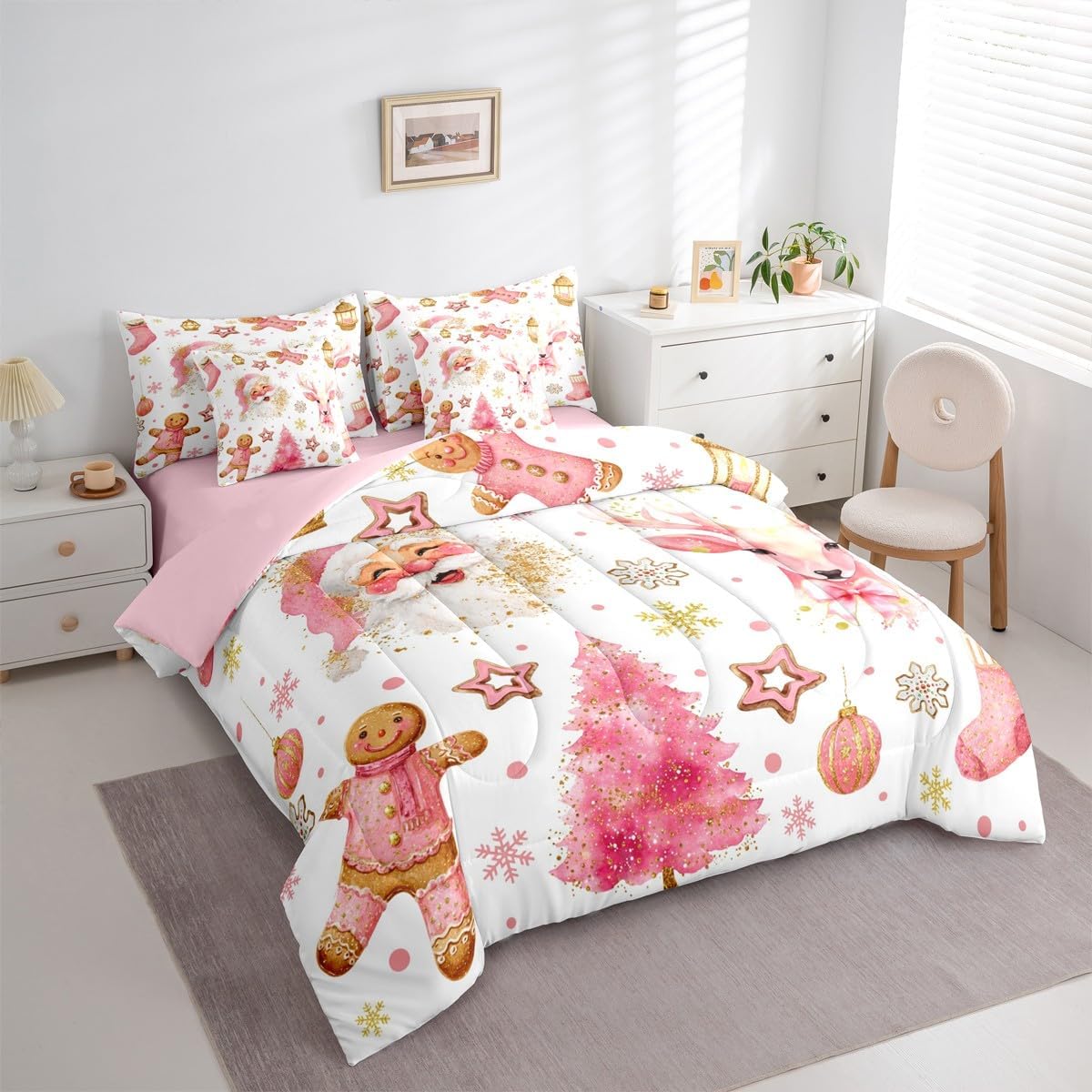 Pink Christmas Xmas Tree Comforter Sets With Sheets, Pink Santa Claus Cute Reindeer Bedding Set Queen For Boys Girls Christmas Winter Snowflake 7Pcs Bed In A Bag Watercolor Aesthetic Bed Set