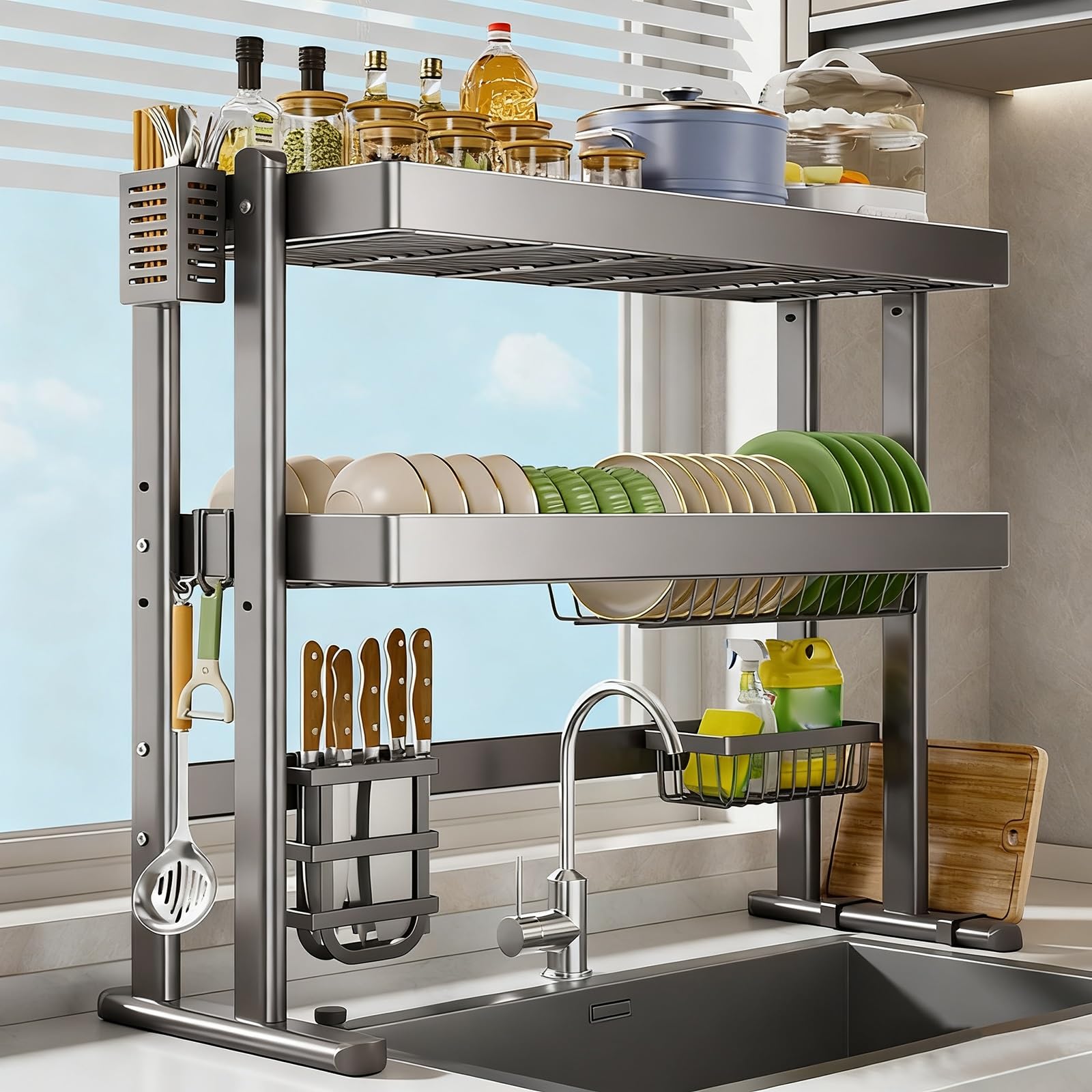 CAFIEDR Adjustable Over Sink Dish Drying Rack, Double-Tier Storage Organizer, Space-Saving Kitchen Counter Drainer For Plates, Cups, Bowls * Cutlery.85cm/33.5in