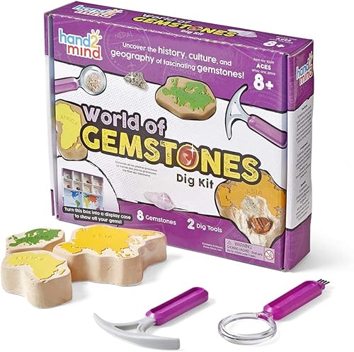 hand2mind World of Gemstones Dig Kit, 8 piedras preciosas reales para descubrir, estuche de exhibición de piedras preciosas, kit de excavación de