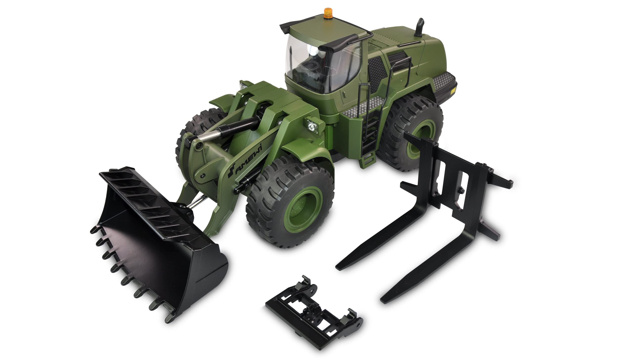 Amewi 22534 Radlader G485E ME Militär 1:14, Teilmetall, Sound, Licht, Rundumleuchte, 10-Kanal, inkl. Schnellwechsler und Paletten-Gabel, RTR, Olivgrün