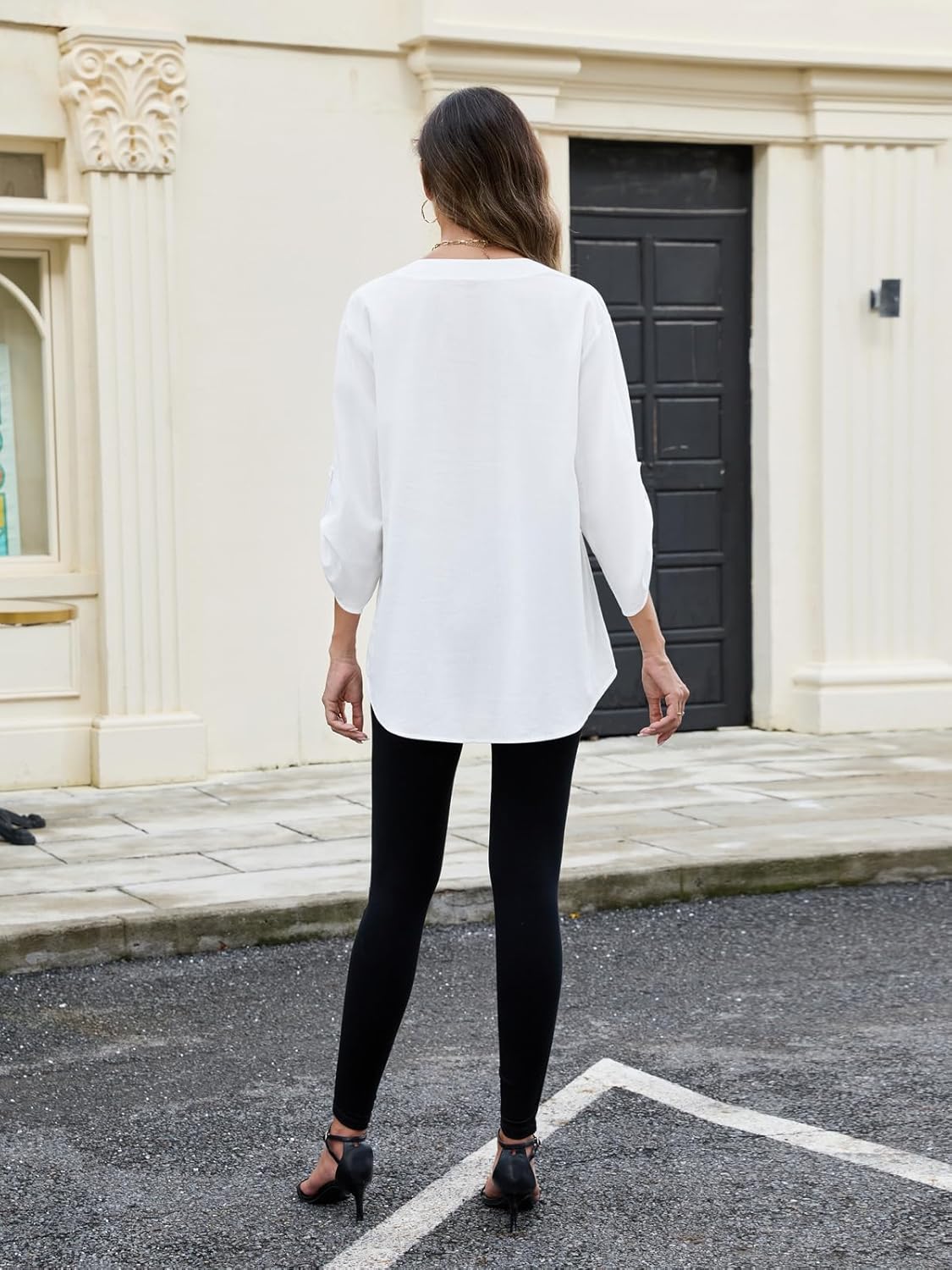 Womens Tops 3/4 Length Sleeve Button Down V Neck Blouse for Work School Business Casual Everyday Wear - Image 3