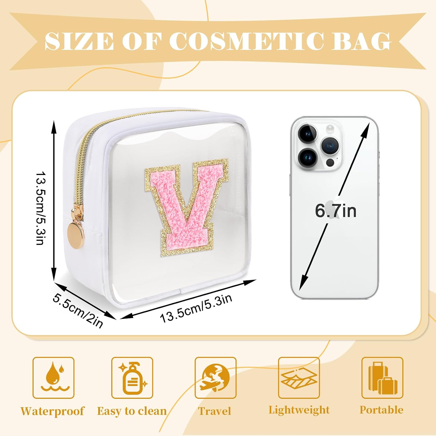 Personalized Initial Letter Clear Preppy Makeup Bag,Mini Nylon Chenille Letter Cosmetic Bag Cute Zipper Pouch Purse for Teen Girls,Portable TSA Approved Beach Travel Essentials Bag Gift for Women,V image 2