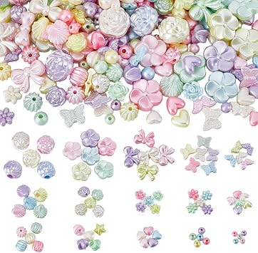 225pcs Assorted Acrylic Beads Keychain Lanyard Beads Parts Rose Flower Pumpkin Butterfly Shell Round Heart Bowknot Accessories Parts for Jewelry Making DIY Crafts