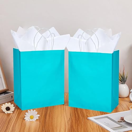 Miniatura 5 de DjinnGlory Paquete de 50 bolsas de regalo de papel verde azulado de tamaño mediano con asas y 50 papel de seda blanco para pequeñas empresas,