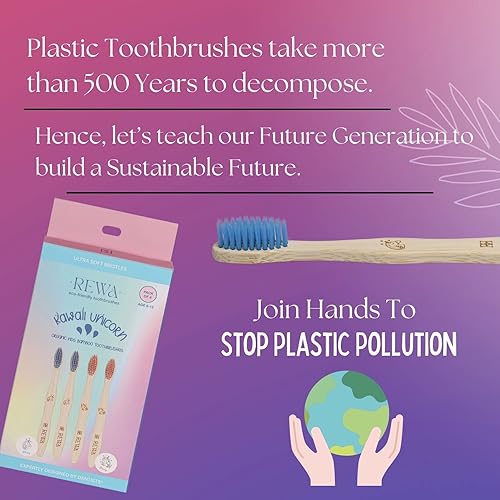 Miniatura 9 de Rewa Kids Kawaii Unicorn L Cepillos de dientes de bambú para niños l Orgánico compostable Natural Ayurvédico l Pack - 4 l Cerdas suaves sin BPA Rosa
