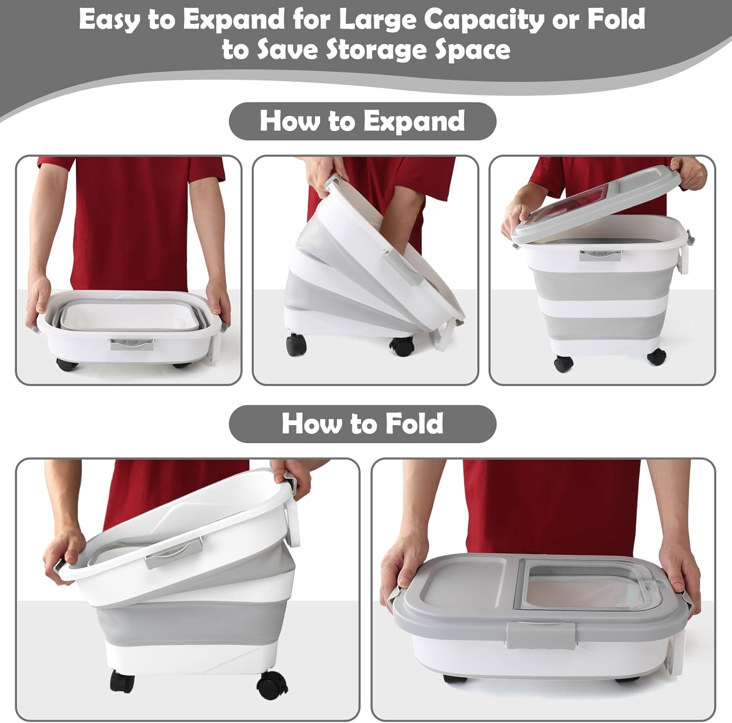 Pet Food Storage Container, 25lbs Large Collapsible Dog Cat Food Container with Airtight Lids Wheels Handle Scoop Measuring Cup Small Container, Rice Kitchen Dry Food Storage Dispenser Bin (Grey)