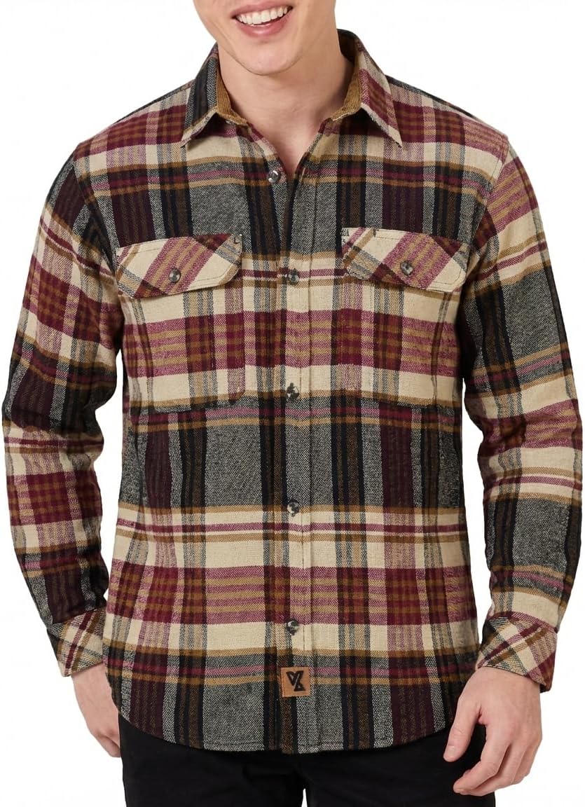 Men's Long Sleeve Plaid Button Down Casual Flannel Shirt, for Men Soft 100% Cotton, Corduroy Cuffs