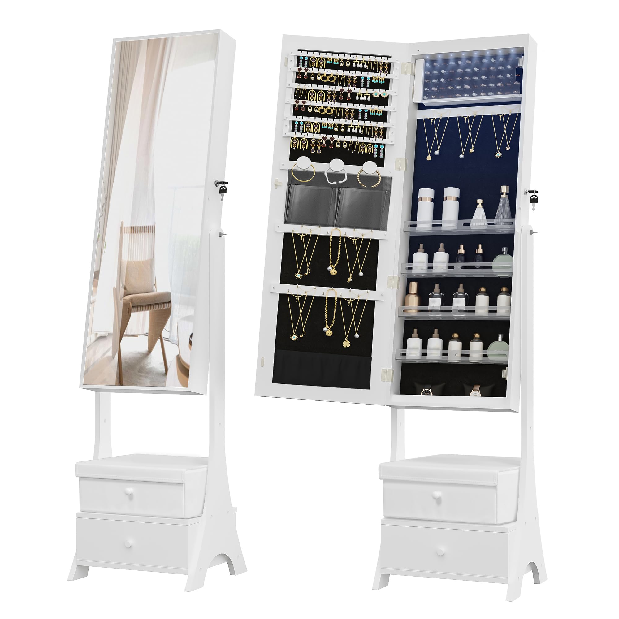 Hzuaneri Armoire à Bijoux Avec Base Rotative à 360°, Miroir Verrouillable Pleine Longueur, Grands Compartiments De Rangement à 4 Niveaux, Multifonction 4 En 1 Blanc Et Noir JC16003B