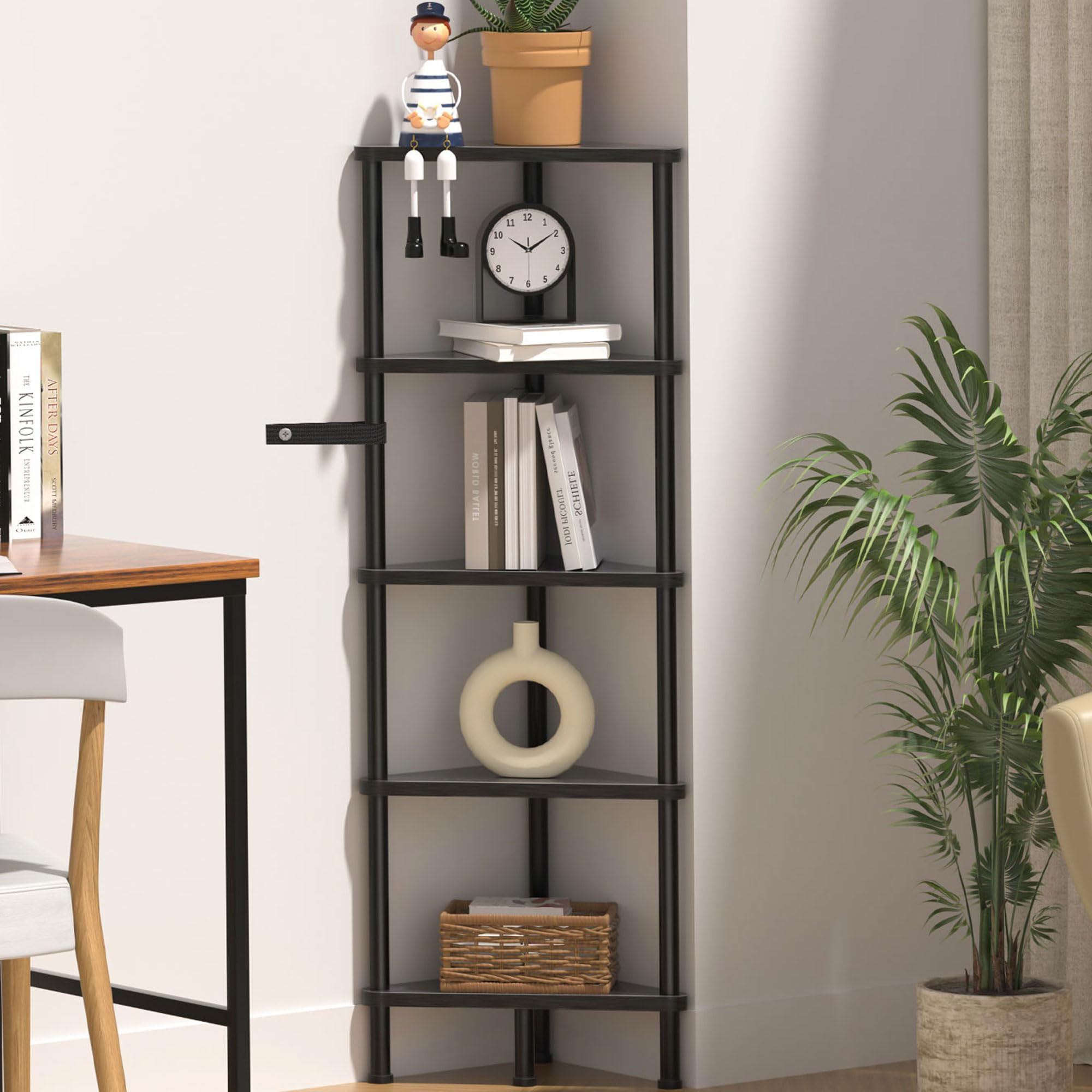 HomedawnCorner Shelf, Corner Bookcase, Industrial 5-Tier Corner Shelf Stand Display Rack,Wall Corner Bookshelf, Living Room, Home Office, Kitchen(Black)