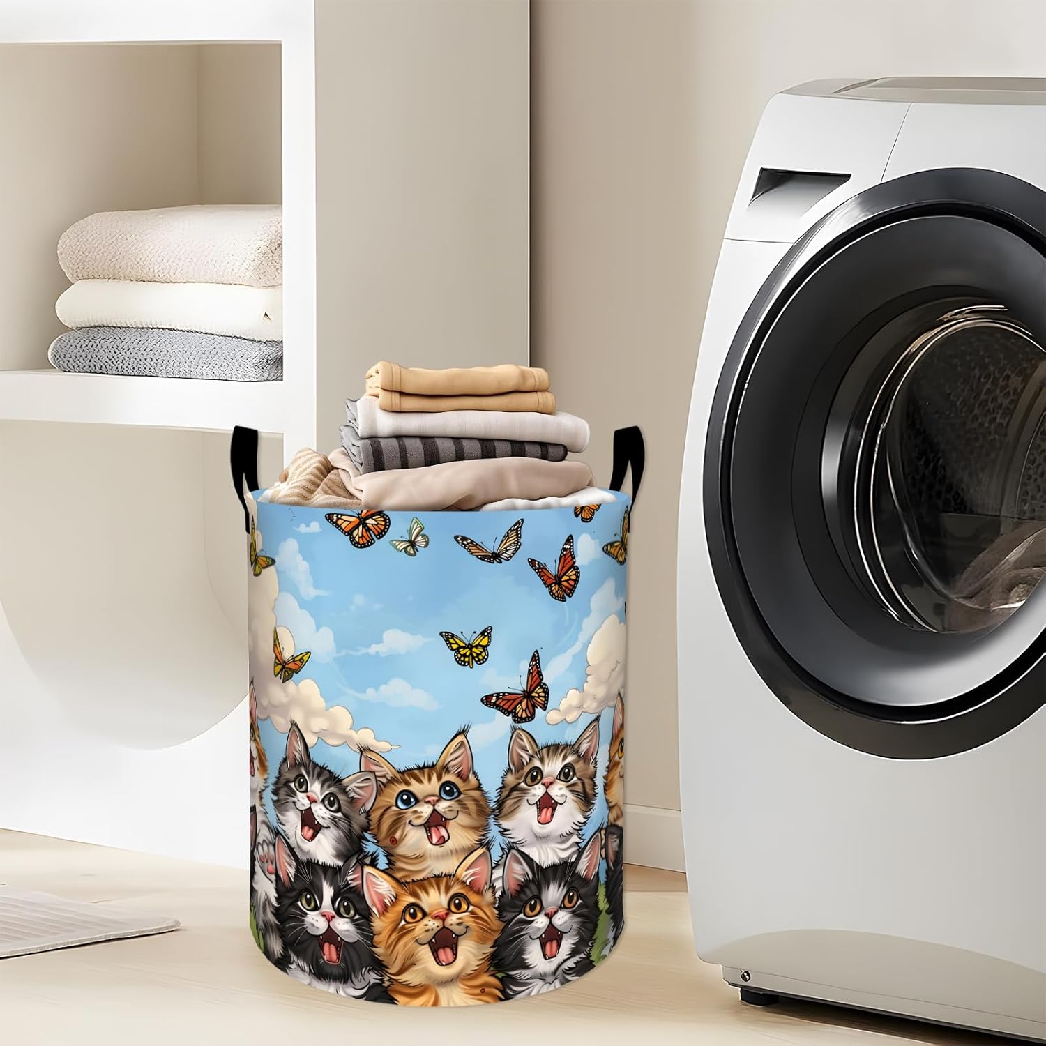 Playful Cat Watching Butterflies in Sky Laundry Basket with Handles, 19.7"x15.7" Clothes Foldable Kittens Laundry Hamper Organizer for Dorm Nursery Bedroom Bathroom Decor, Toy Storage Bin for Kids
