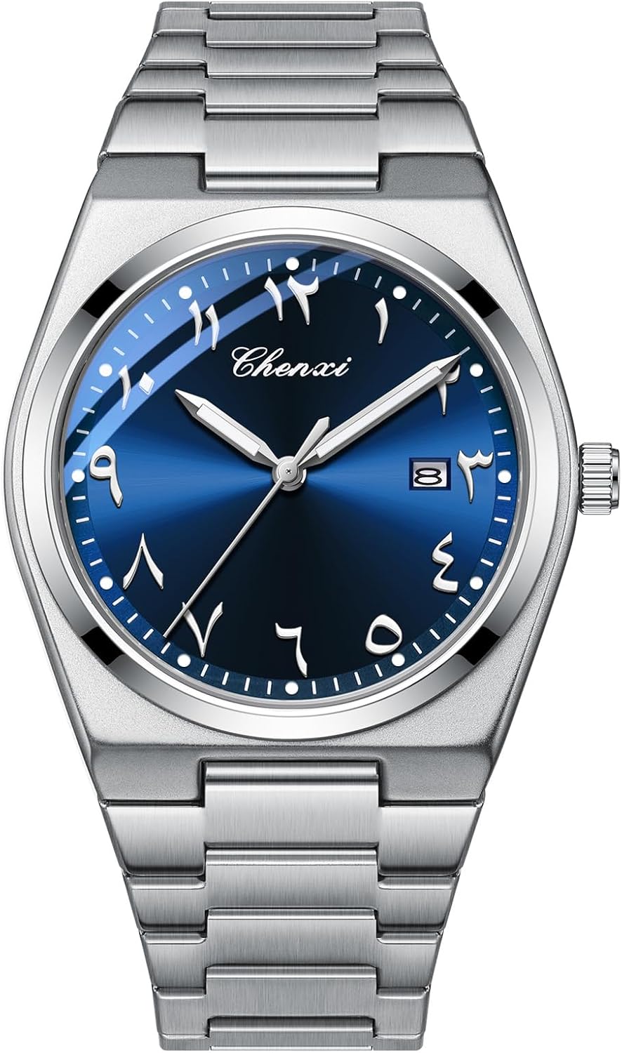 MASTOP Arabic Dial Men's Quartz Watch Silver Stainless Steel Luminous Waterproof Business Casual Wristwatch with Date Display