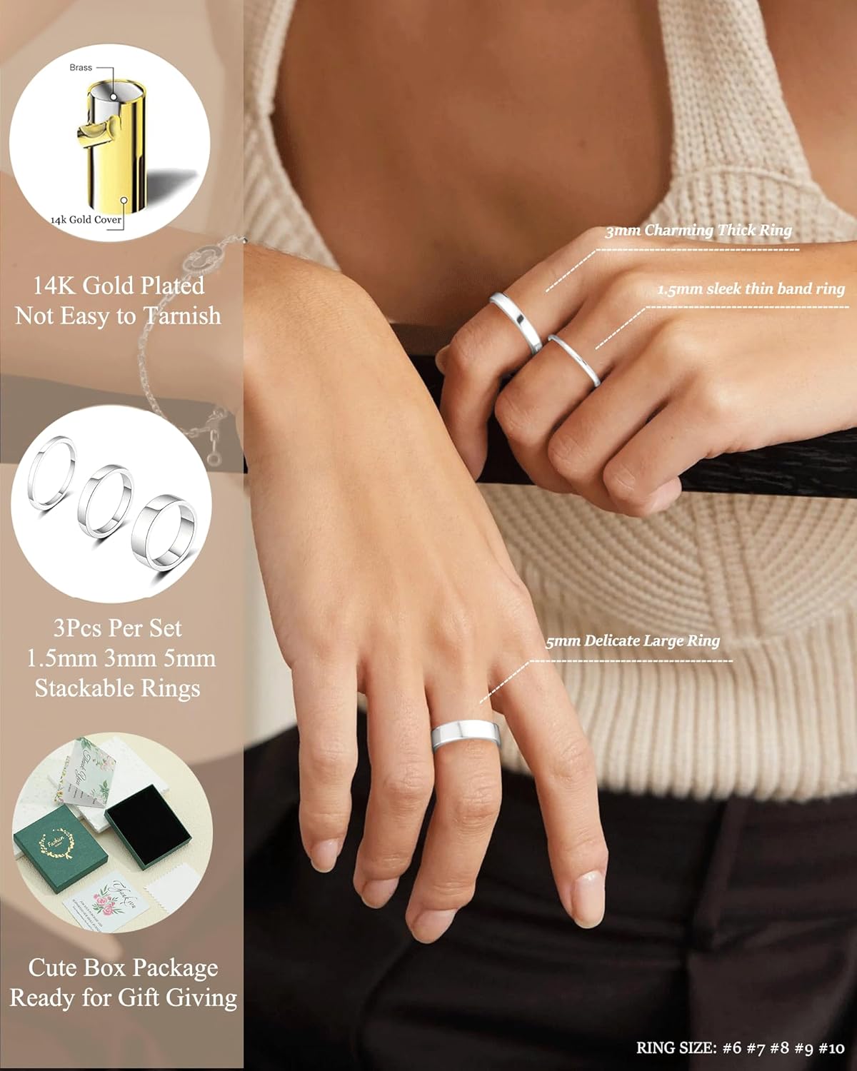 Stackable Silver Gold Rings for Women Non Tarnish 14K Gold Plated Cigar Plain Band Rings Set Dainty Stacking Thumb Rings Wedding Bands Size 6-10 - Image 3