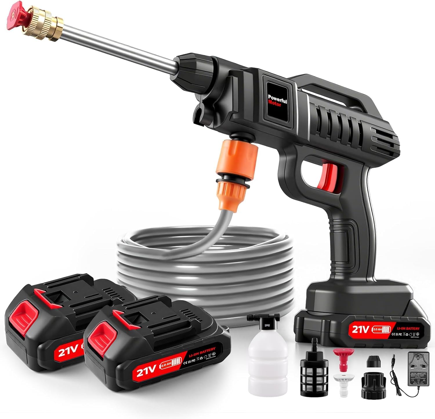 Cordless Pressure Washer 21V - Portable Power Washer with 2 Batteries,5M Hose,Foam Lance,2 Rotating Nozzles,Handheld Battery Jet Wash for Car,Motorbike,Windows Cleaning & Garden Watering