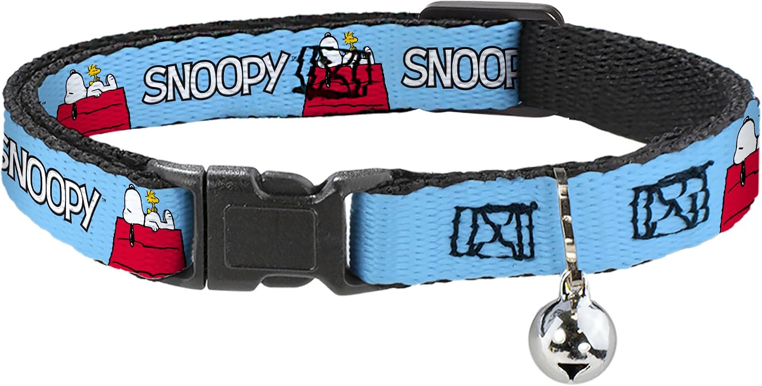 Peanuts Breakaway Cat Collar with Bell, Plastic Clip, Easy Adjustable, Peanuts Snoopy and Woodstock Dog House Pose and Text Sky Blue, 8.5 to 12 Inches 0.5 Inch Wide