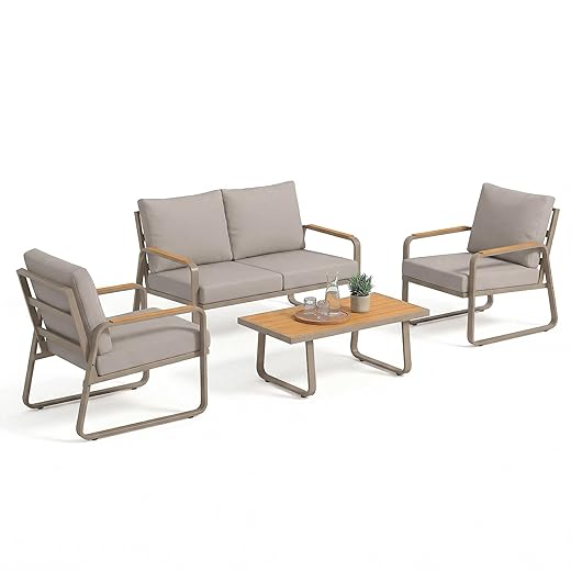 Outsunny 4 Piece Patio Furniture Set, Outdoor Conversation Set with Loveseat, 2 Armchairs, Coffee Table and Cushions, Garden Furniture with Metal Frame for Poolside Porch, Brown