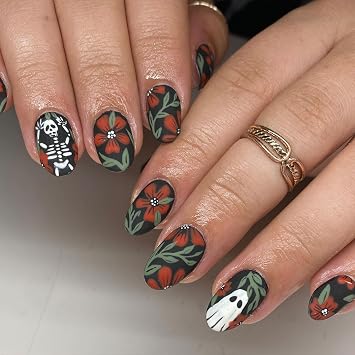 Halloween Press on Nails Short Almond Fake Nails with Ghost Skeleton Designs Acrylic Nail Full Cover Matte Flower Nails Press Ons Halloween Manicure for Women 24Pcs