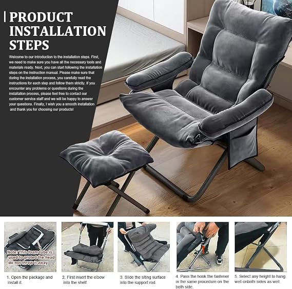 Lazy Chair with Ottoman Modern Folding Lounge Reclining Leisure Chair Armchair with Footstool Adjustable Reading Sofa Chair with Armrest Side Pocket for Bedroom, Office, Living Room, Gray
