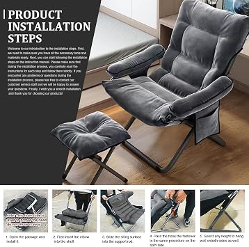 Lazy Chair with Ottoman Modern Folding Lounge Reclining Leisure Chair Armchair with Footstool Adjustable Reading Sofa Chair with Armrest Side Pocket for Bedroom, Office, Living Room, Gray