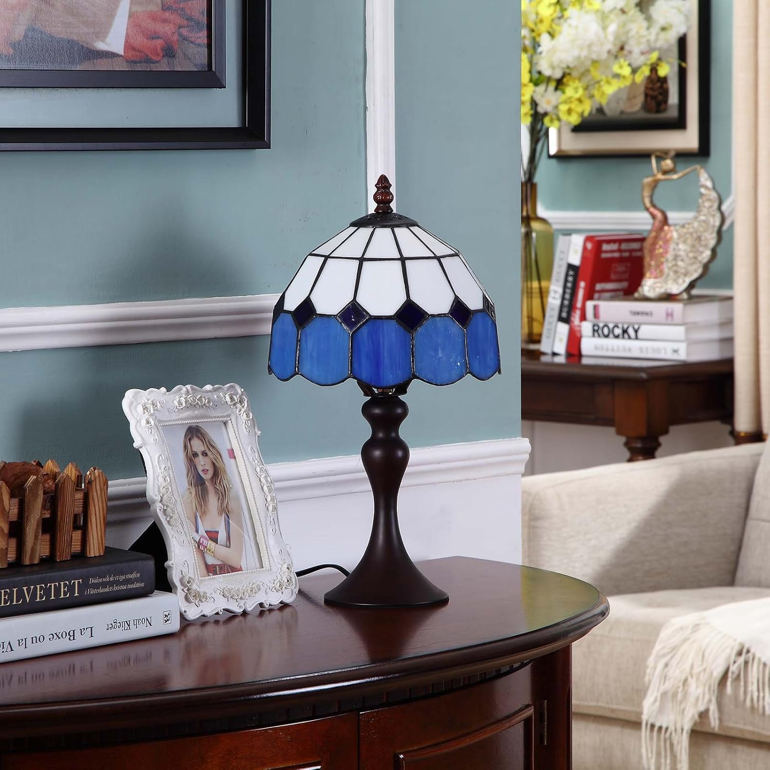 Bieye L10468 Sea Blue Mediterranean Tiffany Style Stained Glass Small Table Lamp with 8 Inch Wide Lampshade, 15 inch Tall