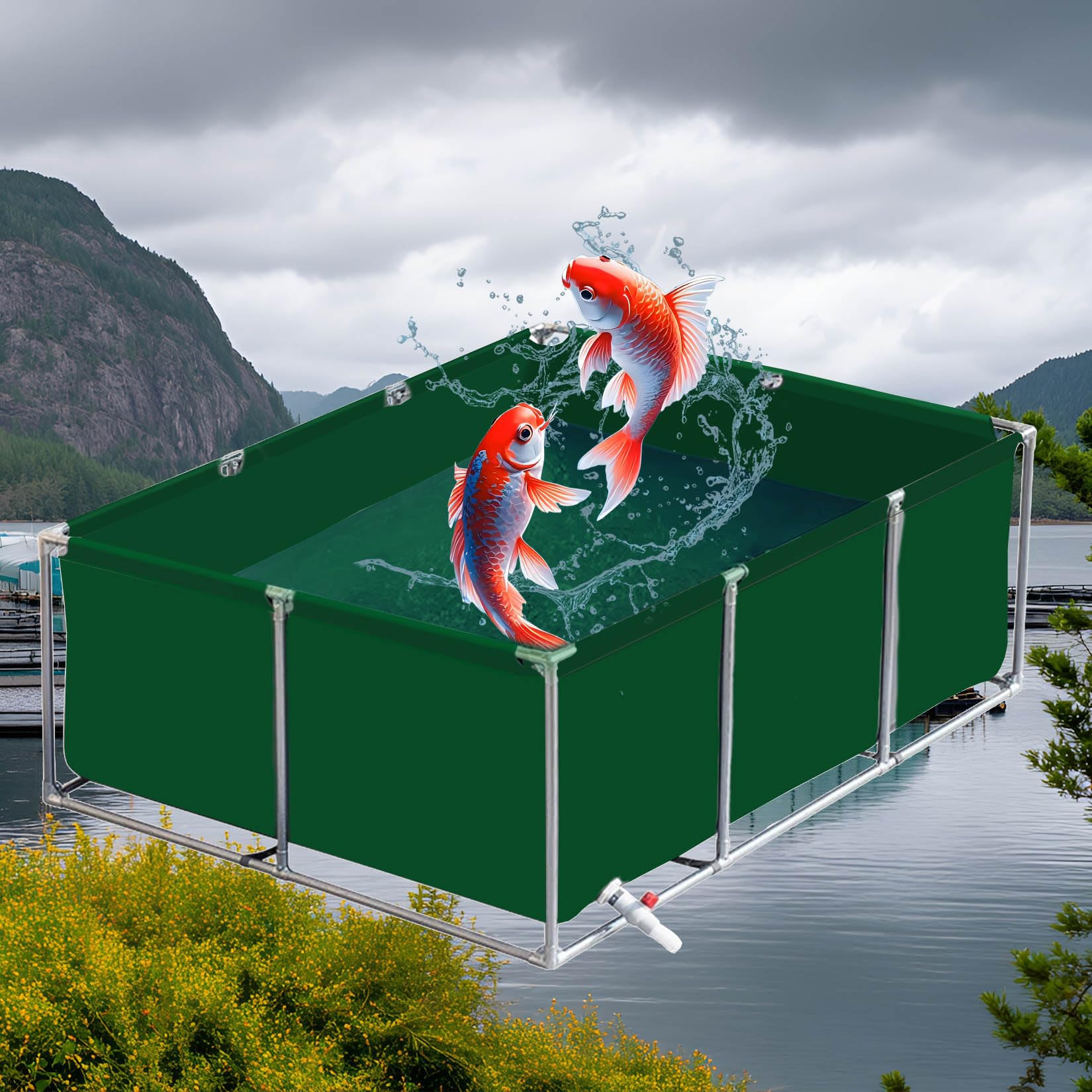 Grand étang rectangulaire hors sol en PVC pour koï, poissons nageurs, avec valve de vidange, vert 3 x 3 x 0,5 m / 9.8x9.8x1.6ft