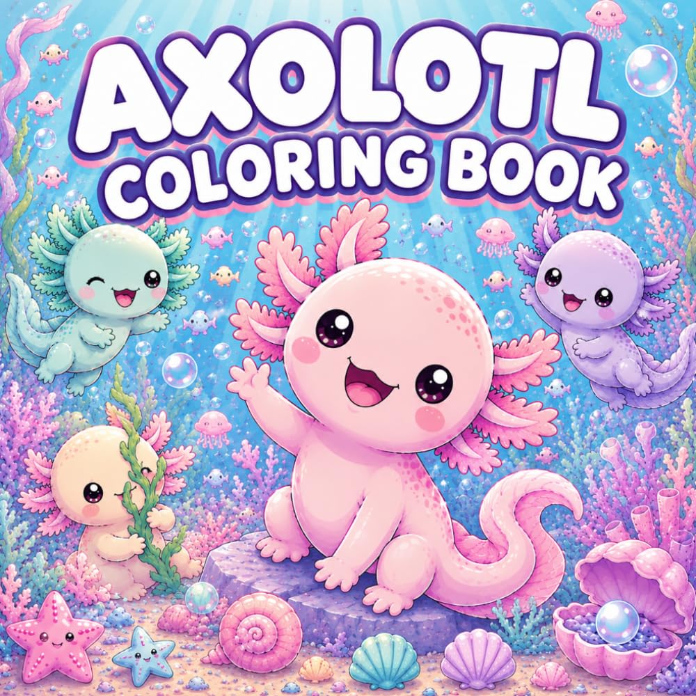 Axolotl Coloring Book: A Story-Based Bold & Easy Coloring Adventure Featuring Cute Kawaii Axolotls, Magical Ocean Scenes, and 40 Cozy Coloring Pages for Kids Ages 6–12, Teens & Adults