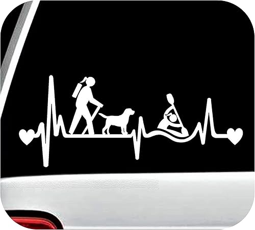 Hiker Girl Hiking with Lab Dog Kayak Heartbeat Decal Sticker for Car Window BG 593