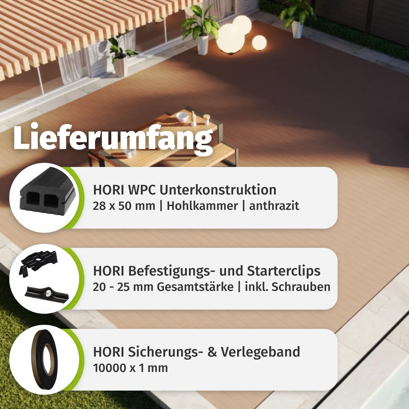 HORI WPC Terrassendielen Komplettset Bali Massiv Dielen Komplettbausatz beidseitig geriffelt, inkl. Unterkonstruktion 28x50 mm & Montagematerial Fläche: 7 m² - 400 cm Dielenlänge - Anthrazit