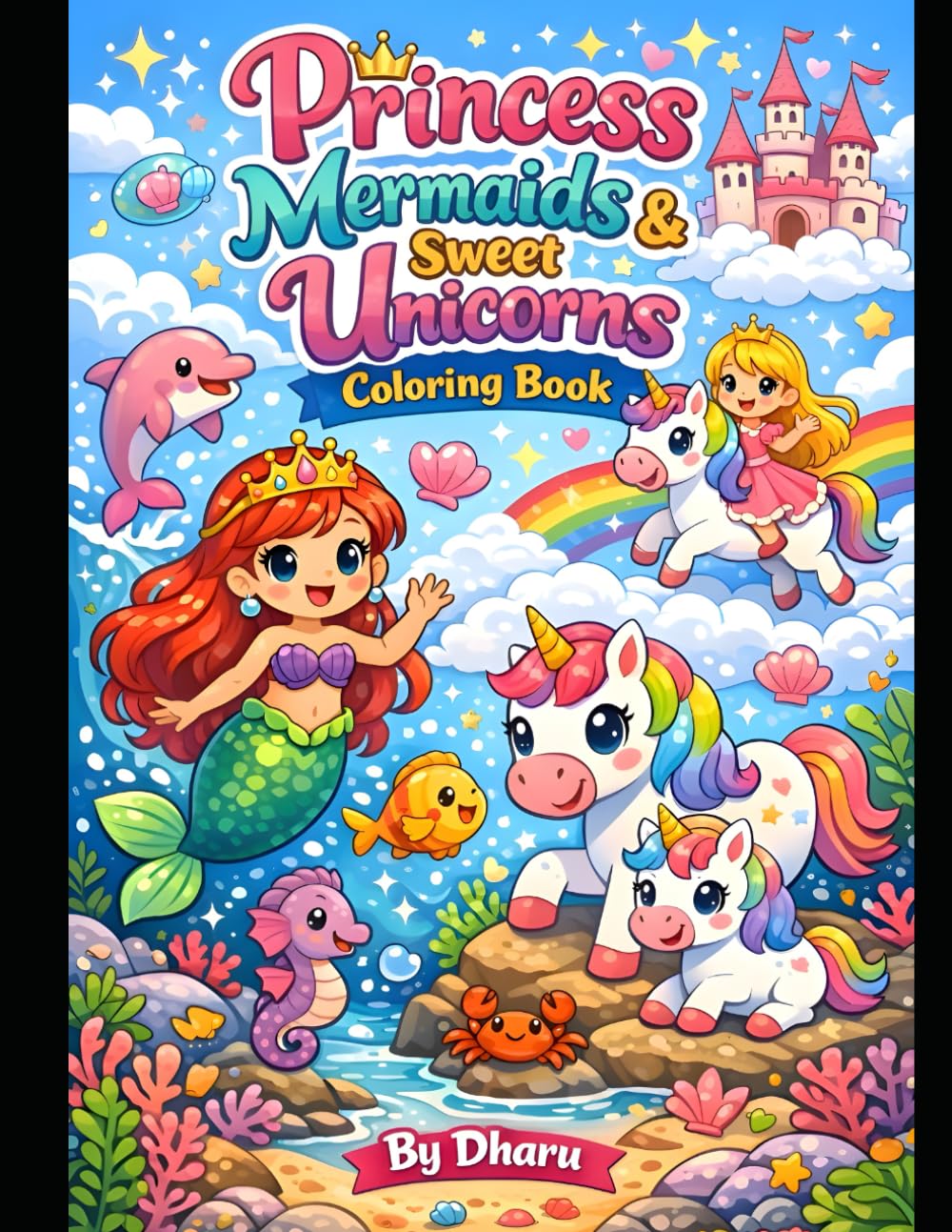 princess mermaids and sweet unicorns colouring book 3-8: Fun and Easy Colouring Pages for Toddlers 3-8