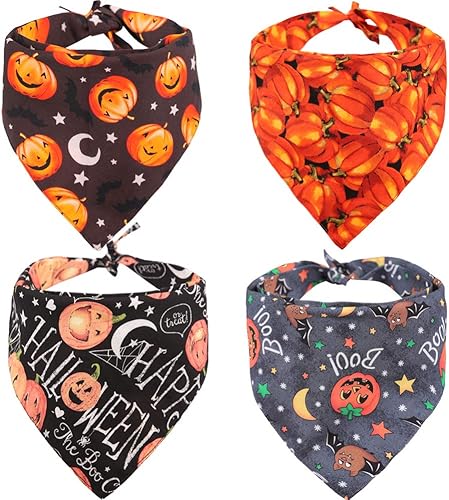 KZHAREEN Paquete de 4 unidades de bandana de Halloween para perro, diseño de calabaza, reversible, triangular, baberos, accesorios para perros,
